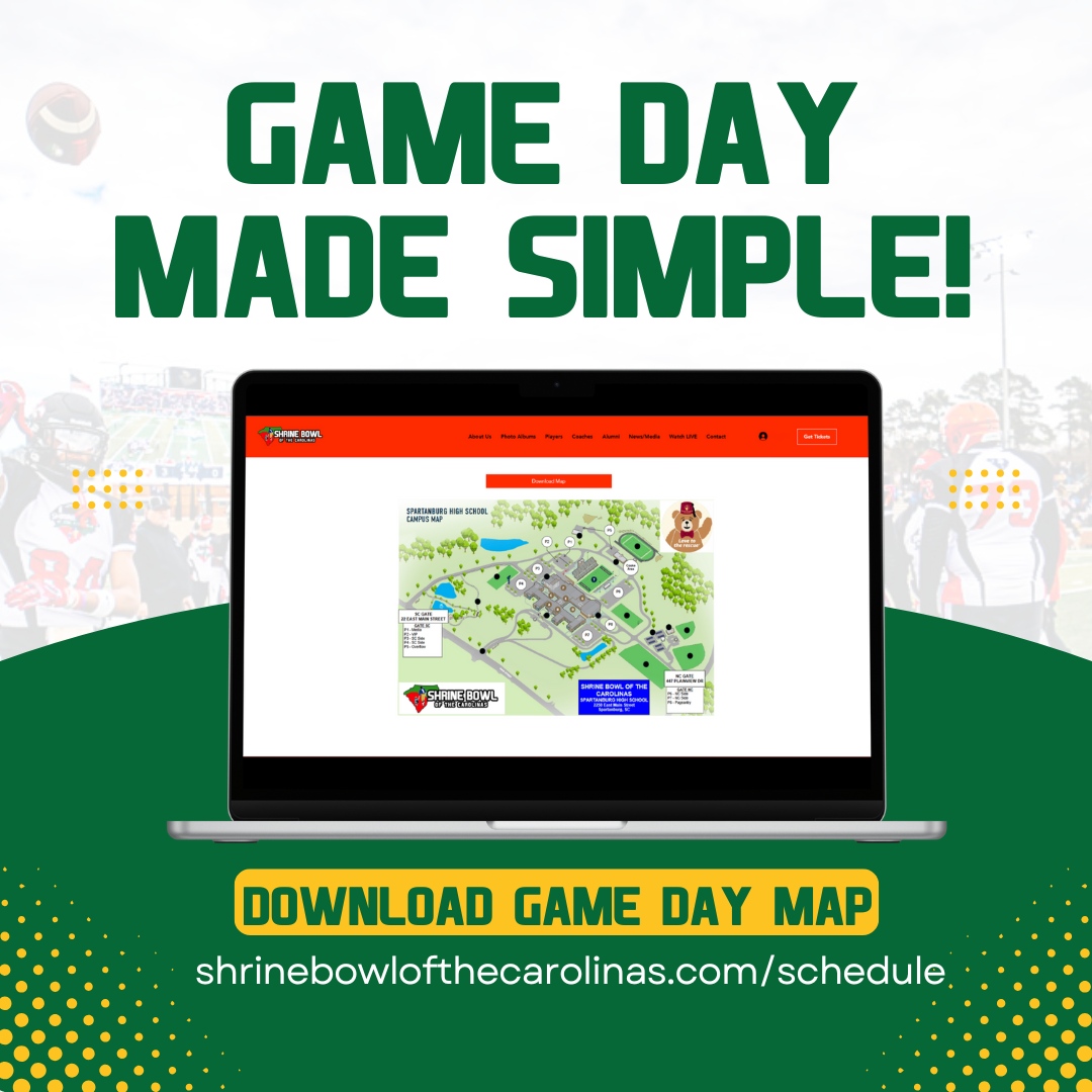 Download the Game Day Map for parking guidance and venue navigation. Make your game day smooth and stress-free! 

#ShrineBowlOfTheCarolinas #ShrineBowl #NC #SC
