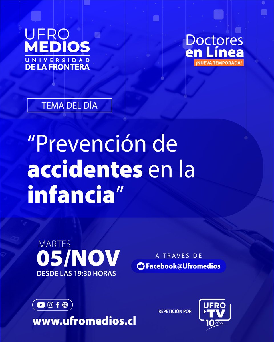 Ufromedios (@ufromedios) on Twitter photo 🩹 ¡No te pierdas "Doctores en Línea"! 🩹 Este martes 5 de noviembre a las 19:30 hablaremos de "Prevención de Accidentes en la Infancia", con el Dr. Rodrigo Brunet, cirujano infantil, y el Dr. Andrés Navarro, broncopulmonar infantil.📲 Míralo en <a href="/Ufromedios/">Ufromedios</a>
#DoctoresEnLínea 🩹 ¡No te pierdas "Doctores en Línea"! 🩹 Este martes 5 de noviembre a las 19:30 hablaremos de "Prevención de Accidentes en la Infancia", con el Dr. Rodrigo Brunet, cirujano infantil, y el Dr. Andrés Navarro, broncopulmonar infantil.📲 Míralo en <a href="/Ufromedios/">Ufromedios</a>
#DoctoresEnLínea