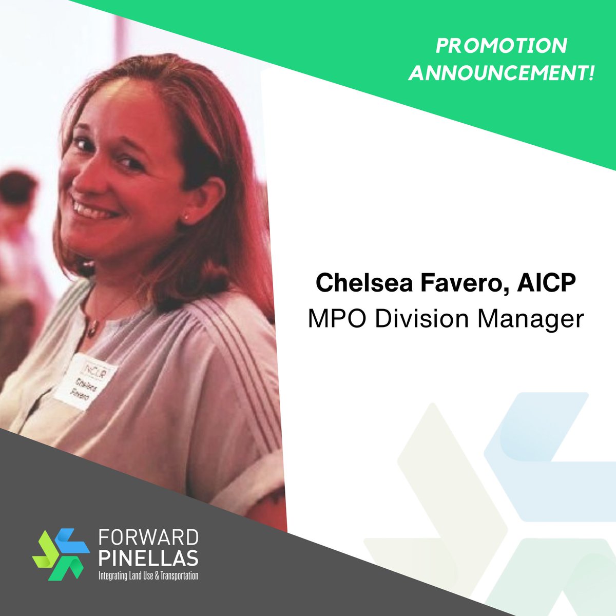 Congratulations to Chelsea Ross-Favero, AICP on her promotion to MPO Division Manager! She will be responsible for the overall metropolitan planning organization (transportation) functions of the agency. A well-deserved recognition of her contributions over many years.
