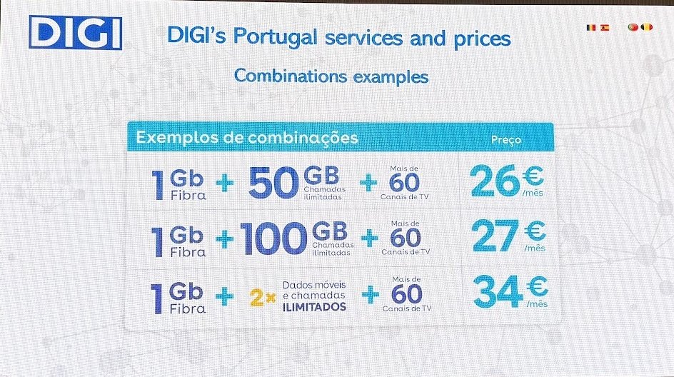 O que se paga por um serviço básico é possível subscrever na #DIGI 1 GB net, 2 telemóveis ILIMITADOS e televisão e ainda sobram uns trocos. Dá para ver a dimensão do custo excessivo que cartel tem imposto à economia nacional. No corporate vão todos mudar. 
Preços semelhantes a ES