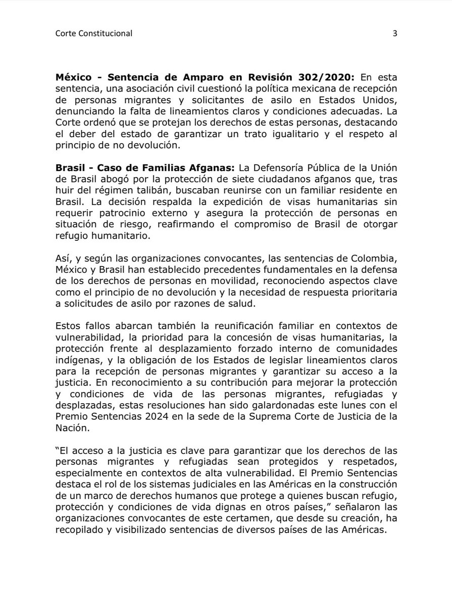 CConstitucional's tweet photo. Corte ocupa primer lugar en premio internacional de DDHH por fallo de la Sala Plena que protege a una extranjera de 90 años y ordena al Ejecutivo diseñar e implementar una política pública para superar la problemática de saturación administrativa en solicitudes de refugio
1/3 https://t.co/VyxbxvhDlW