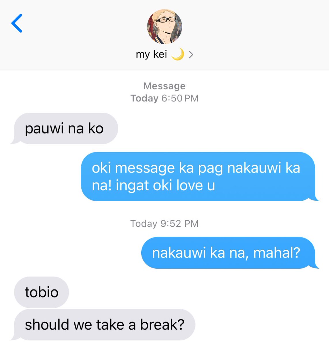 cheetahsamaa's tweet photo. what happened to not giving up?

a few tweets #tsukikage filo au wherein kei suddenly asked for a break few weeks before their first anniversary. https://t.co/qo1lbHgRvR