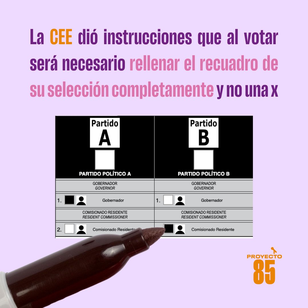 🚨 ¡ATENCIÓN!🚨 La Comisión Estatal de Elecciones (CEE) dió instrucciones en el día de ayer que al votar, ahora será necesario rellenar todo el encasillado de su selección. Esto se debe a que las máquinas no están leyendo las X en las papeletas. ¡Practica tu voto y sal a votar!