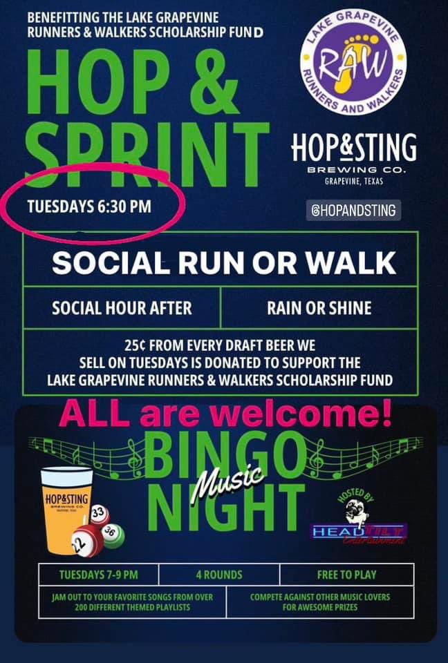 LakeGrapevineRW's tweet photo. On Tuesdays we Hop & Sprint! 🏃🏾🚶♀️
Ross is cooking up paninis. 🧑🏿🍳 🥪
ALL are welcome. 🤝
See you @hopandsting! 🍻
#socialrun #funrun #beerrun #rungrapevine #lgraw #hopandsprint #hopandsting #craftbeer #beer #bingo #musicbingo https://t.co/JfEL7ClK4D