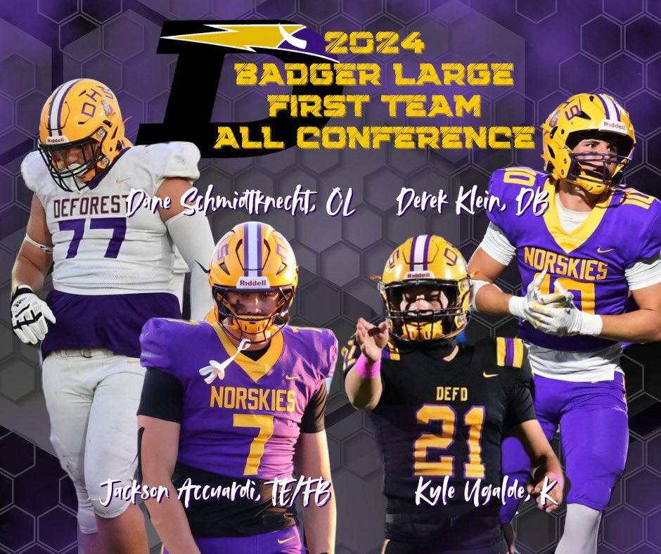 DeForest Football (@norskifootball) on Twitter photo Congratulations to our Football team members who were recently named to the Badger Large - All Conference 1st Team!
🧱 <a href="/Dschmidty06/">Dane Schmidtknecht</a>
✋🏽 <a href="/JacksonAccuardi/">Jackson Accuardi</a>
🥾 <a href="/ugalde_kyle/">Kyle Ugalde</a>
🚫🛩️ <a href="/ddk_klein/">Derek Klein</a>
#mightynorskies Congratulations to our Football team members who were recently named to the Badger Large - All Conference 1st Team!
🧱 <a href="/Dschmidty06/">Dane Schmidtknecht</a>
✋🏽 <a href="/JacksonAccuardi/">Jackson Accuardi</a>
🥾 <a href="/ugalde_kyle/">Kyle Ugalde</a>
🚫🛩️ <a href="/ddk_klein/">Derek Klein</a>
#mightynorskies