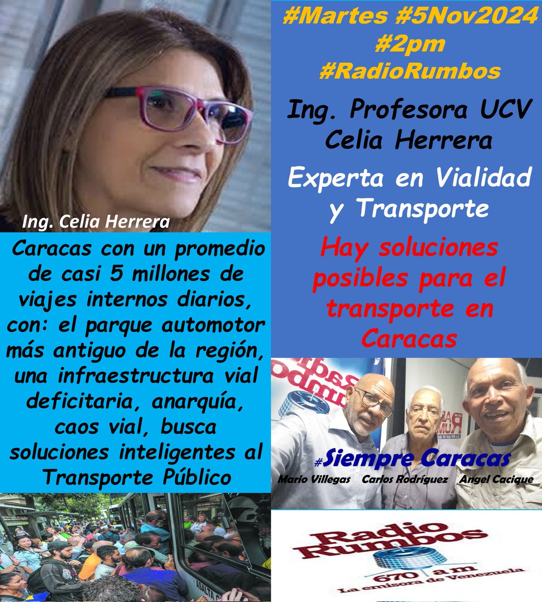 angelcacique's tweet photo. #Martes #4Nov24 #2pm @radiorumbos670 Celia Herrera @celiaherrera presidente de la sociedad venezolana de ingeniería de transporte y vialidad 2) ...problema más grave que afecta a siete de cada 10 personas, señala un estudio de la ONG Resonalia.@YelmiraJB @revista_sic @ImpactoVE https://t.co/eOBgKJYCoq