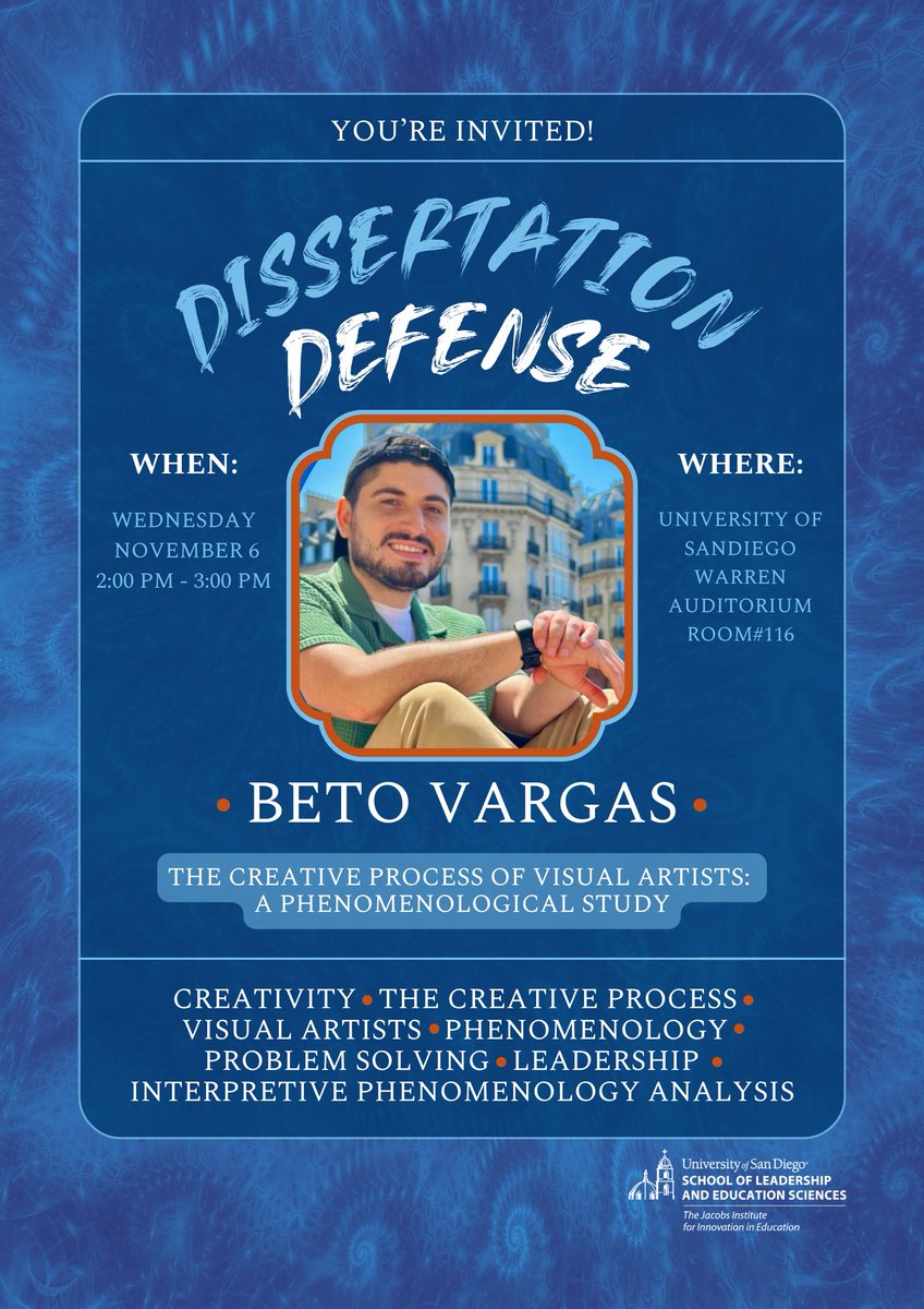 USD_JI's tweet photo. Join us to support Beto Vargas 🙌, a graduate student of Leadership Studies at The School of Leadership and Education Sciences and a talented research assistant at The Jacobs Institute for Innovation in Education, as he defends his PhD dissertation! 🎤 ✨ https://t.co/Ir4OM40N2q