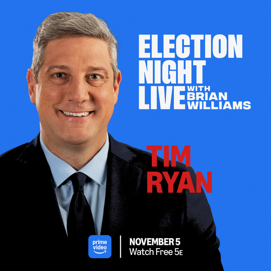 TimRyan's tweet photo. Let’s witness history together!  Join me on Election Night Live With Brian Williams, November 5 starting at 5 p.m. ET on @PrimeVideo.  #ElectionNightLive #BrianWilliams” https://t.co/uzBXykAT8g