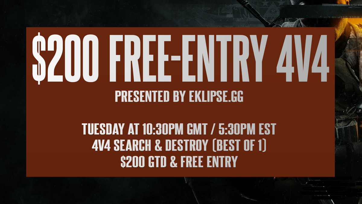 🚨$200 GTD *FREE ENTRY* #BO6 4v4 S&amp;D 🚨

⏰ Starts Tuesday at 5:30pm EST (10:30pm GMT)
⚔️ 4v4 Search &amp; Destroy (Best of 1)
💰 $200 prize - FREE ENTRY

You MUST be following <a href="/Eklipse_gg/">Eklipse</a> to play (we will be checking throughout the tournament).

Register: theesportshub.com/tournaments/05…