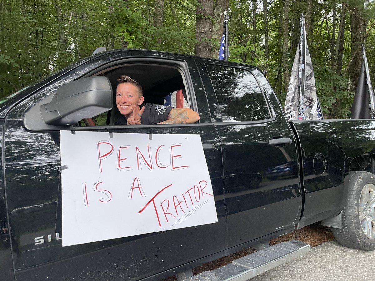 reporterporter's tweet image. I met Niemela in August 2023, when Mike Pence held a town hall in Londonderry. Niemela brought this sign &amp;amp; told me she was headed to prison because Pence was "a traitor" who went along with certifying the 2020 election results.