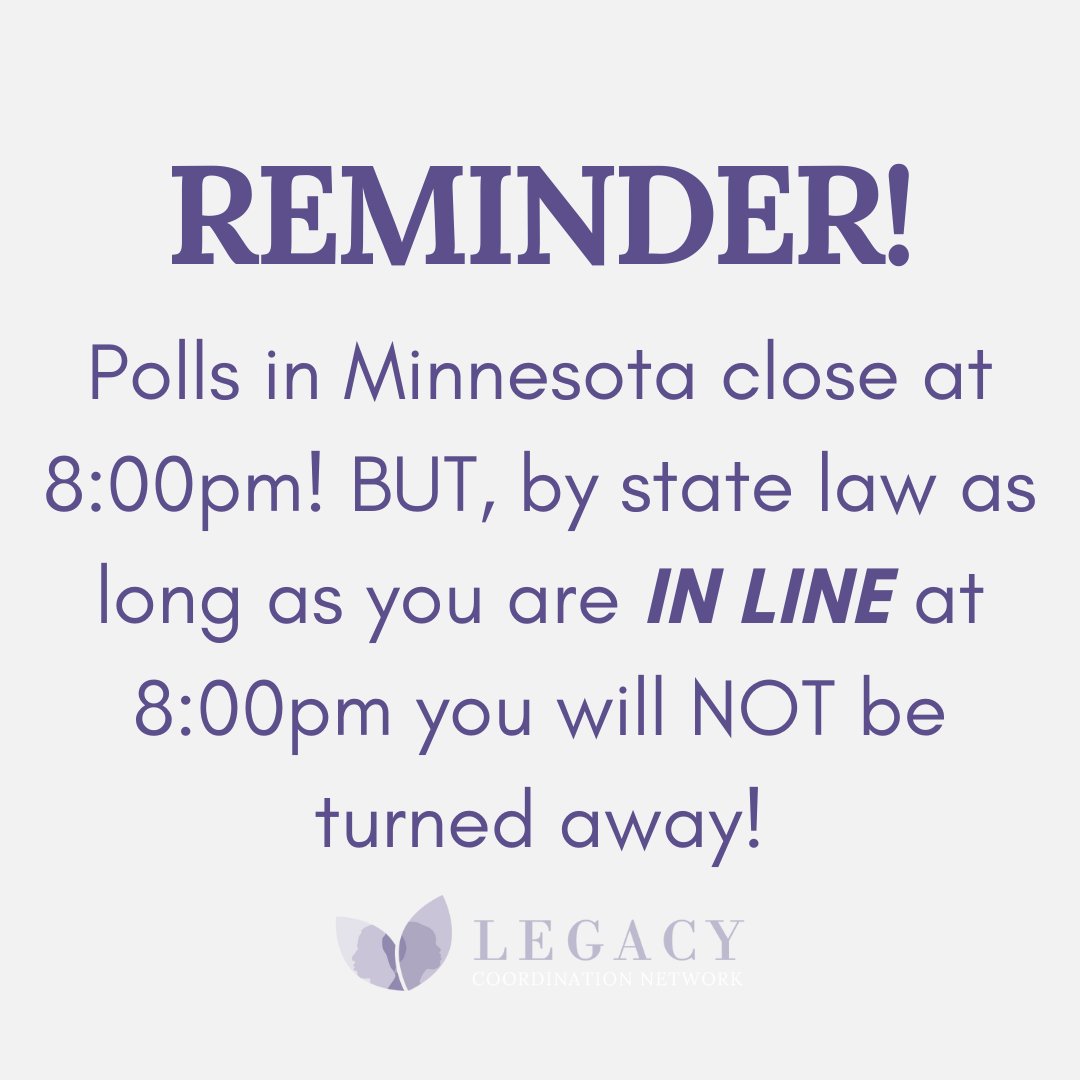 REMINDER: Polls in Minnesota close at 8:00pm, HOWEVER, if you are IN LINE at 8:00pm, by state law you will be allowed to vote. DM us with any questions or concerns!
*
*
*
#YourVoteMatters #DemocracyInAction #bipoc #VotingRights #vote #AbortionRights #voting #votingday #voting2024