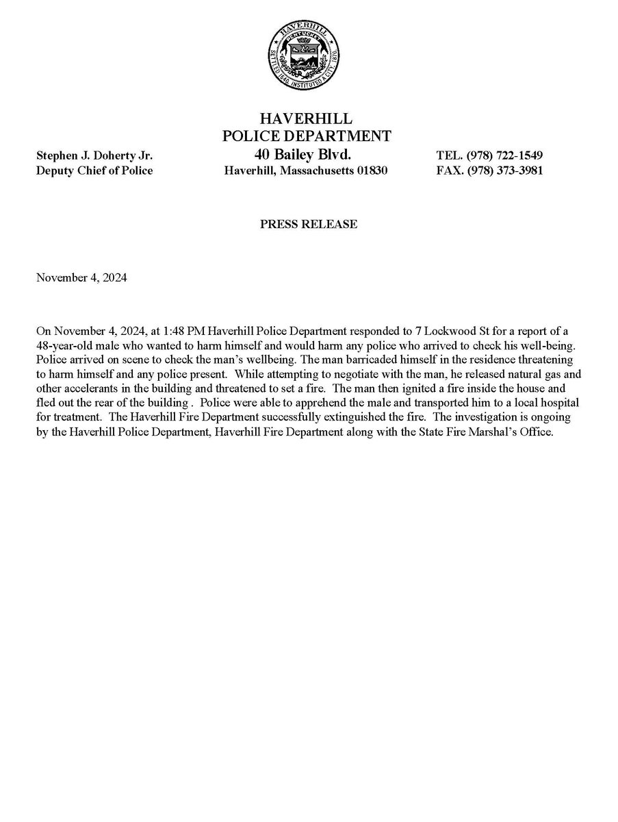 Haverhill Police Department Press Release: