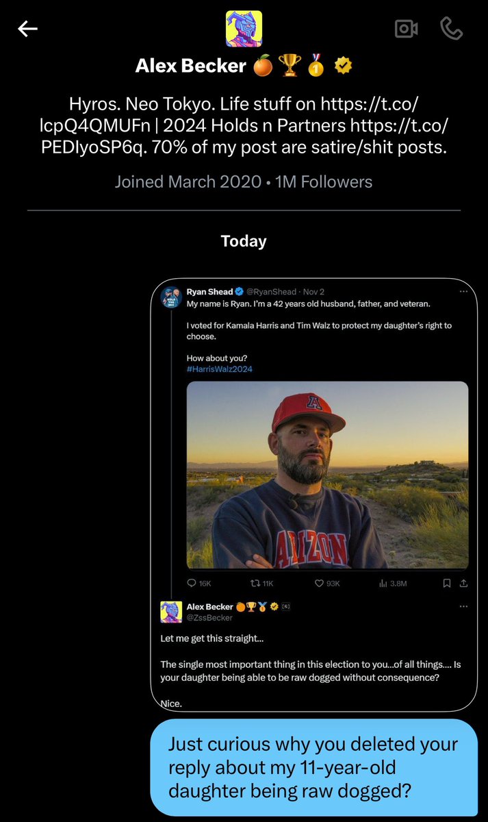 I’m wondering why <a href="/ZssBecker/">Alex Becker 🍊🏆🥇</a> with 1 MILLION followers deleted his reply about my 11-year-old daughter being raw “dogged”?

I see why Alex Becker is voting for the rapist and accused pedophile. 👀

#CheckHisHardDrive