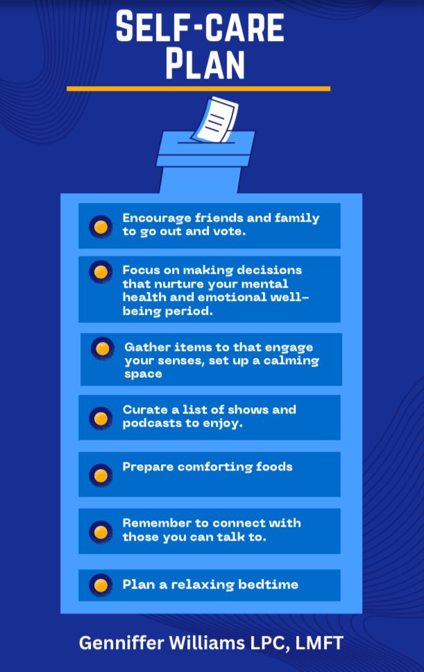 Election Day Self-Care Plan: Gather items that uplift you, keep a journal handy, and list your favorite shows and podcasts. Connect with friends or family for support. Managing stress is key, so focus on self-care. #Vote2024 #thetelosproject #therapyisgood