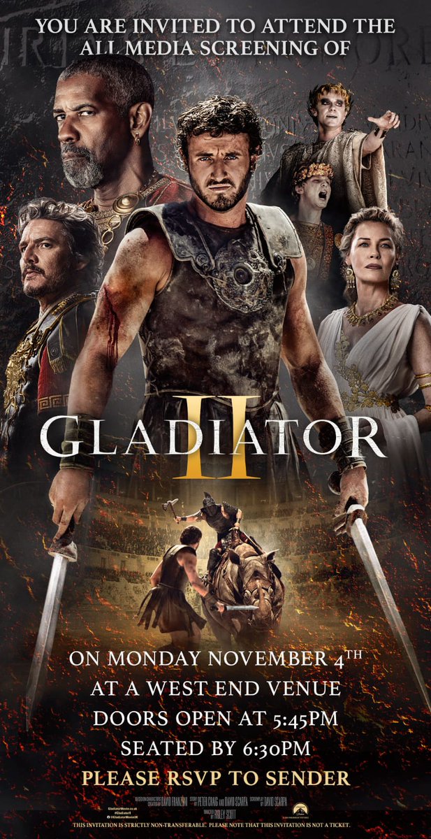 Minus35c's tweet photo. Gladiator II is Awesome. Does not disappoint and follows on seamlessly from Gladiator I. Privileged to be at the all media screening in London. Densely Washington ....wow @ParamountPics @Movies @ https://t.co/YncuTao6to