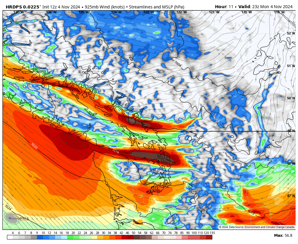 50ShadesofVan's tweet image. At 995 hPa, this storm is punching above its weight, with 150,000 customers affected. The real culprit? A low-level barrier jet races through the Strait of Georgia, where the terrain funnels and accelerates the winds under a strong pressure gradient. #BCWind #BCsTORM