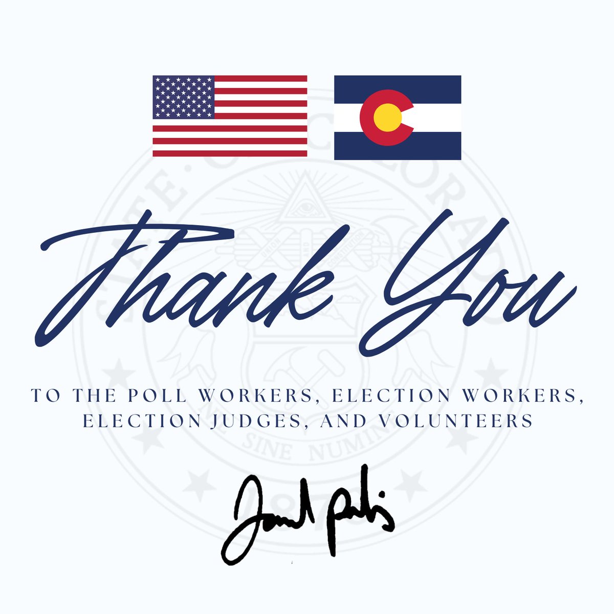 GovofCO's tweet photo. Thank you to the poll and election workers, election judges, and volunteers in Colorado for your hard work during the 2024 Election. Your dedication ensures a smooth and fair voting process. We appreciate your long hours and commitment to our democracy. https://t.co/Dlp3pAwzCr