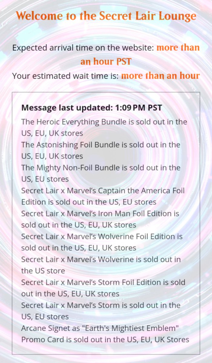<a href="/MTGSecretLair/">MTG Secret Lair</a> Waited in line for 4 hours just to be told it's sold out and is removed from my card. Come on man.