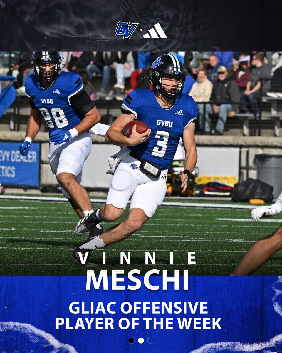 Grand Valley State sophomore QB Vinnie Meschi was named the GLIAC Offensive Player of the Week. Meschi completed 8-of-14 passes for 200 yards and 2 TDs in the first half of his first collegiate start Saturday in the Lakers' 51-28 win over Wayne State. #AnchorUp