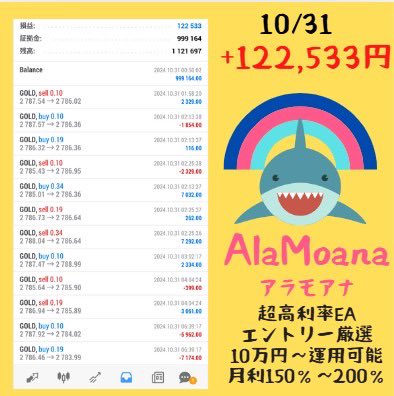 連休明けおはようございます！
🔶••┈┈┈┈┈••🔶

　　fx自動売買
　ブルーワールド

🦈アラモアナ🦈

💰10/31      +122,533円💰

🌊超高利率型ゴールドea🌊

✅エントリー超厳選の順張りEA
✅日利42％達成
✅月利200％の実績あり

✨無料eaはプロフのURLから✨

ad　サイドFIRE PLTR