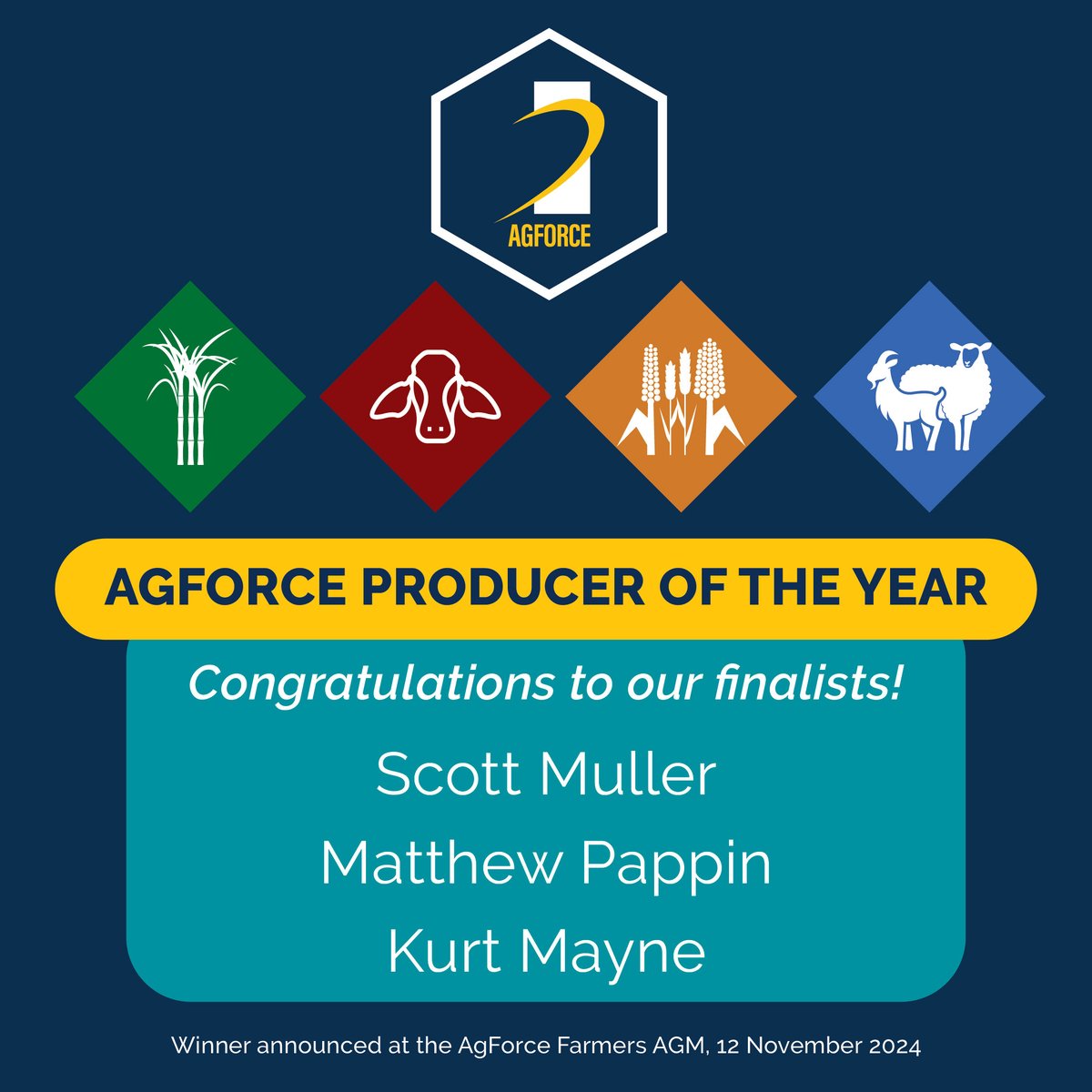 Congratulations to our AgForce Producer of the Year finalists - Scott Muller, Matthew Pappin and Kurt Mayne! 👏 👏

The winner will be announced at the AgForce AGM in Goondiwindi on 12 Nov 2024. Register for the AGM okt.to/Vh8cnN 

#everyfamilyneedsafarmer