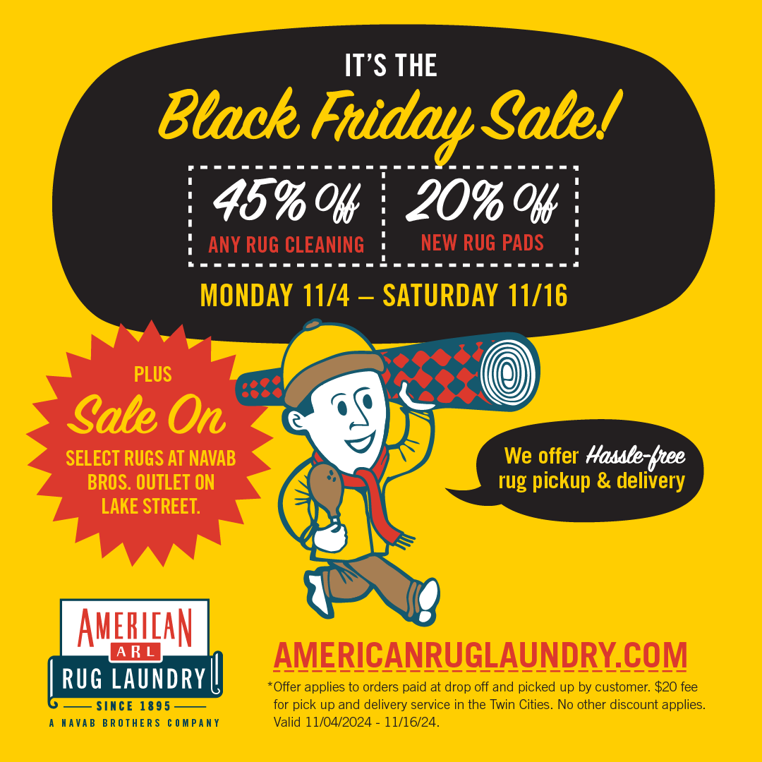 AmericanRug's tweet photo. It's time for American Rug Laundry's Black Friday Sale! Get 45% off any rug cleaning or 20% off new rug pads, and don't forget to visit Navab Brothers Rug Company for a sale on select rugs! For more information: https://t.co/8cGzaZRd4J https://t.co/qBHrOkea4m