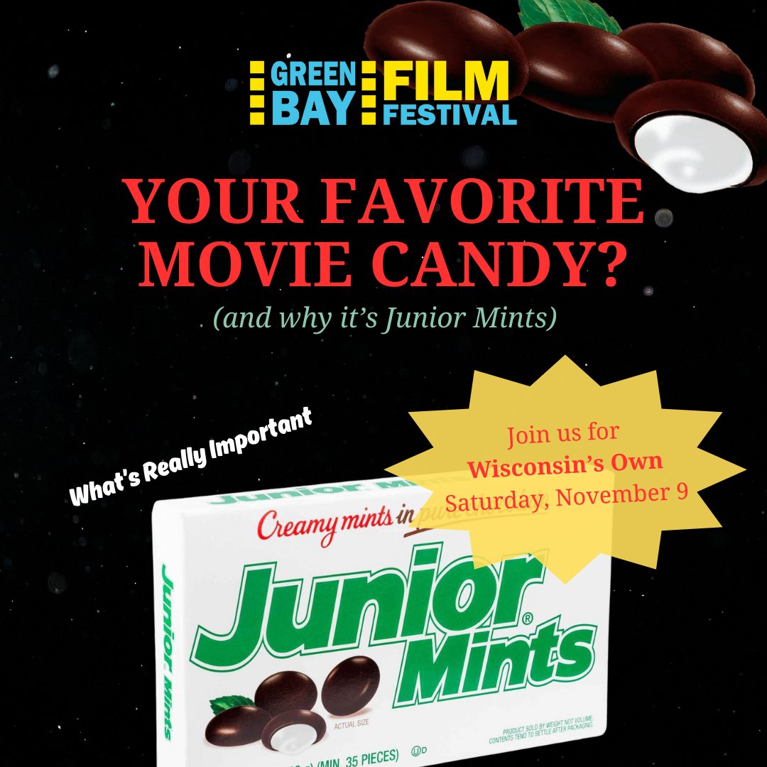 GBFilmFestival's tweet image. Today is  National Candy (why would that not be Halloween?)
🍬🍬What's your favorite MOVIE candy - and why is it Junior Mints?

Don't forget our event Wisconsin's Own this Saturday! 
Tickets: eventbrite.com/e/980537362647
 #NationalCandyDay #JuniorMints #MovieSnacks