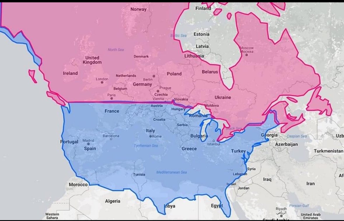 Make no mistake: if the #AMOC even starts to collapse, the #UK, #Ireland, and #Scandinavia will be in a deep freeze. This map compares latitudes of the United States and Canada with Europe. These locations are at high risk when it comes to AMOC vulnerability. #ClimateCrisis