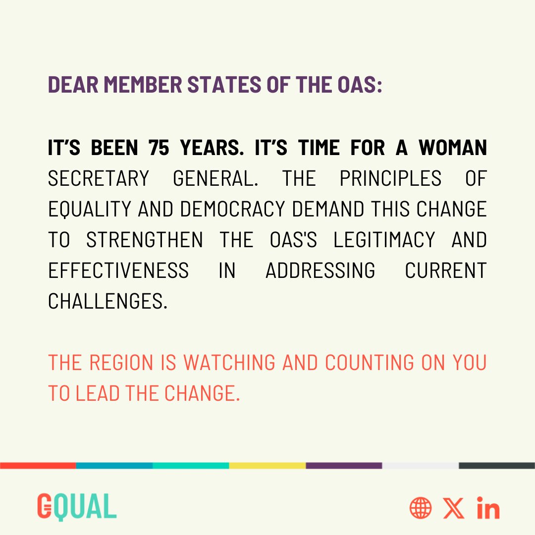 🚨In March 2025, the <a href="/OAS_official/">OAS</a> will elect a new Secretary General.
Together with over 200 organizations and individuals, we call on States to elect the first woman for this role- a woman qualified and committed to democracy, equality, and human rights.
gqualcampaign.org/open-letter-to…
