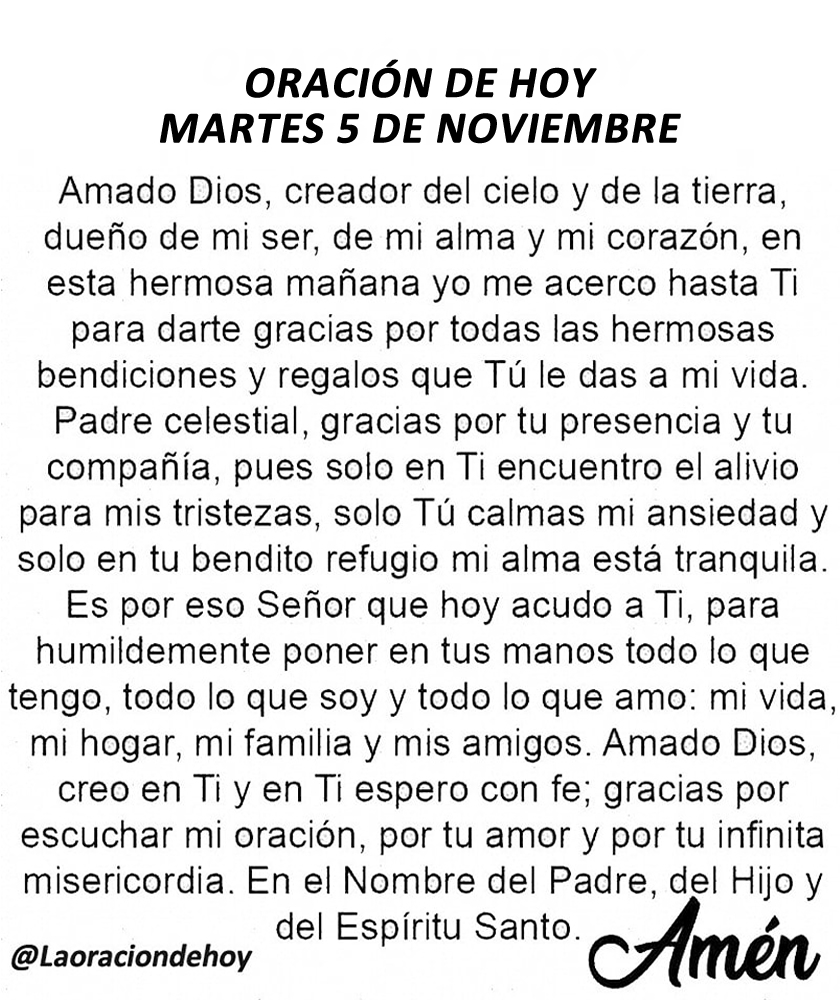 Oración diaria para hoy martes 5 de noviembre de 2024.