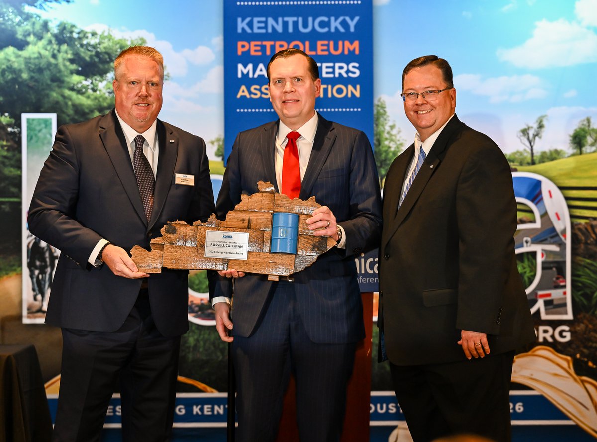 KPMAstaff's tweet photo. KPMA Chair Scott Kiser and Exec. Director Brian Clark were honored to present KY Attorney General Russell Coleman with the KPMA 2024 Energy Advocate Award at this year’s Tank &amp; Technical Conference. Thank you General Coleman for all you do for Kentucky! @kyoag https://t.co/lBkuh22GTT
