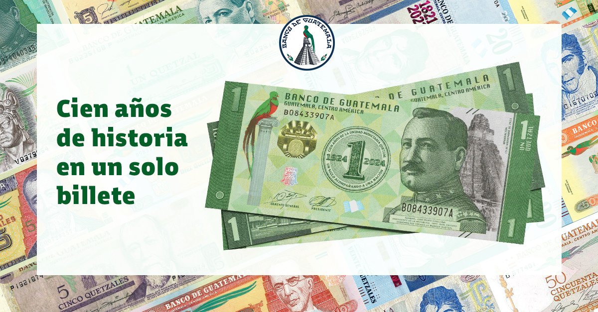 Banguat's tweet photo. ¿Ya conoces el billete conmemorativo de un quetzal? 💸Esta nueva versión es única y especialmente emitida por el #BancoDeGuatemala para celebrar el centenario del quetzal como nuestra moneda. Conócelo y siéntete orgulloso del valor que representa en la historia financiera de nuestro país. 💚 

#Banguat  #100AñosDelQuetzal  # UnSigloAcompañandoAUnaNación