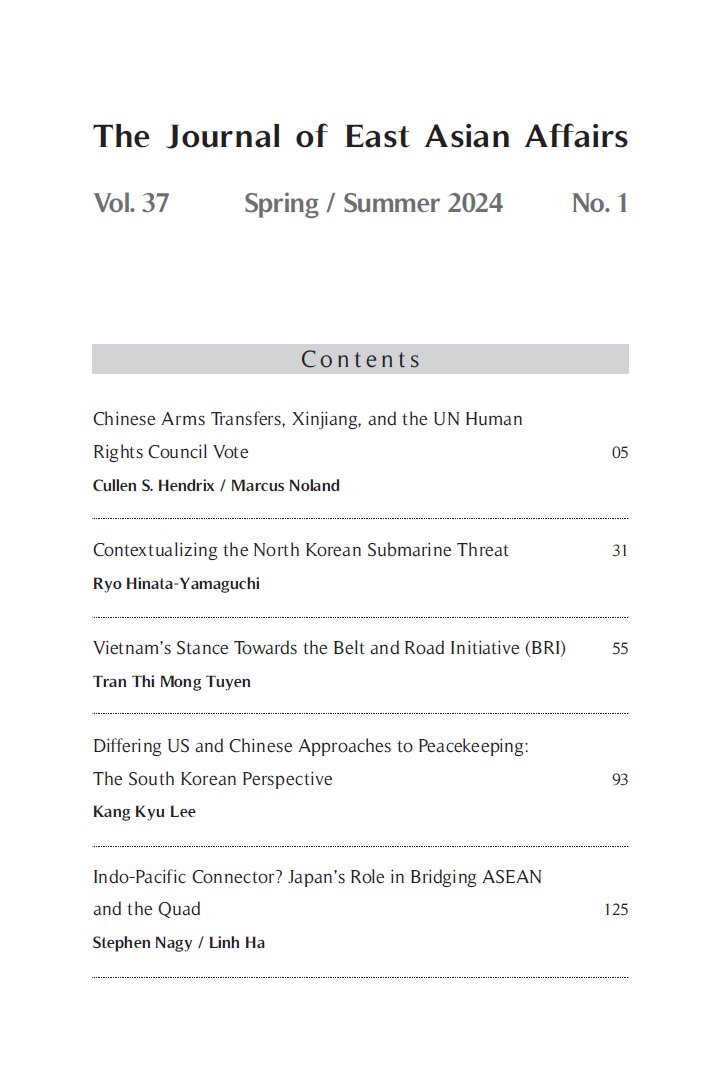 *Please share widely* New issue available of free-to-access Journal of East Asian Affairs <a href="/JOEAA_INSS/">Journal of East Asian Affairs</a>, the English-language journal of South Korea’s Institute for National Security Strategy (INSS).
(I am executive editor, with INSS Director Han Sukhee as publisher and Mason