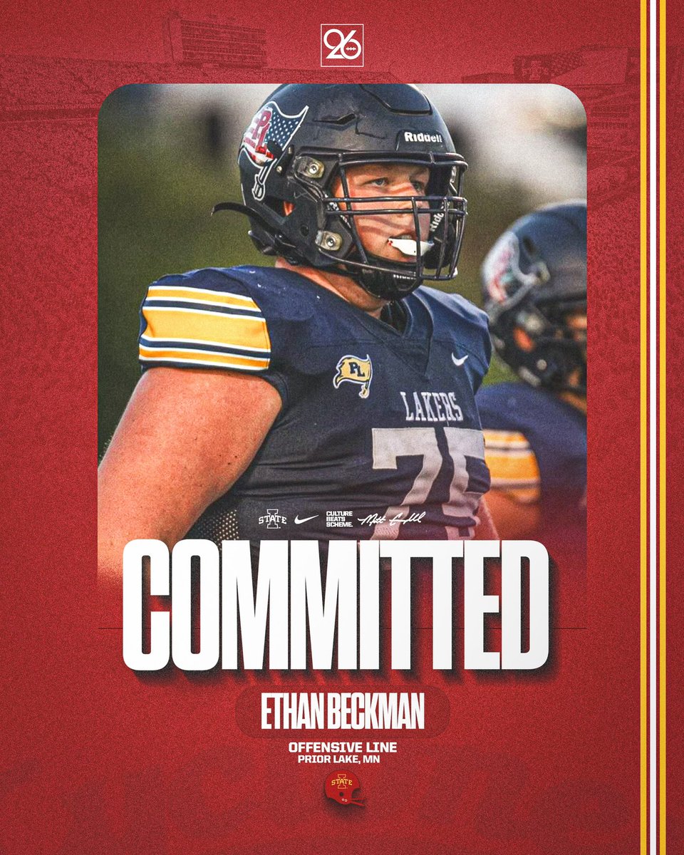 Ethan Beckman (@ethanbeckman15) on Twitter photo So blessed to announce that I am committing to Iowa State University! I would like my family for providing me with everything I needed to get to this point. All glory to god❤️💛
Roll clones! <a href="/RyanClanton/">Ryan Clanton</a> <a href="/ISUMattCampbell/">Matt Campbell</a> <a href="/CoachXQuig/">Xavier Quigley</a> <a href="/TrentSlattenow/">Trent Slattenow</a> <a href="/PrepRedzoneMN/">Prep Redzone Minnesota</a> So blessed to announce that I am committing to Iowa State University! I would like my family for providing me with everything I needed to get to this point. All glory to god❤️💛
Roll clones! <a href="/RyanClanton/">Ryan Clanton</a> <a href="/ISUMattCampbell/">Matt Campbell</a> <a href="/CoachXQuig/">Xavier Quigley</a> <a href="/TrentSlattenow/">Trent Slattenow</a> <a href="/PrepRedzoneMN/">Prep Redzone Minnesota</a>