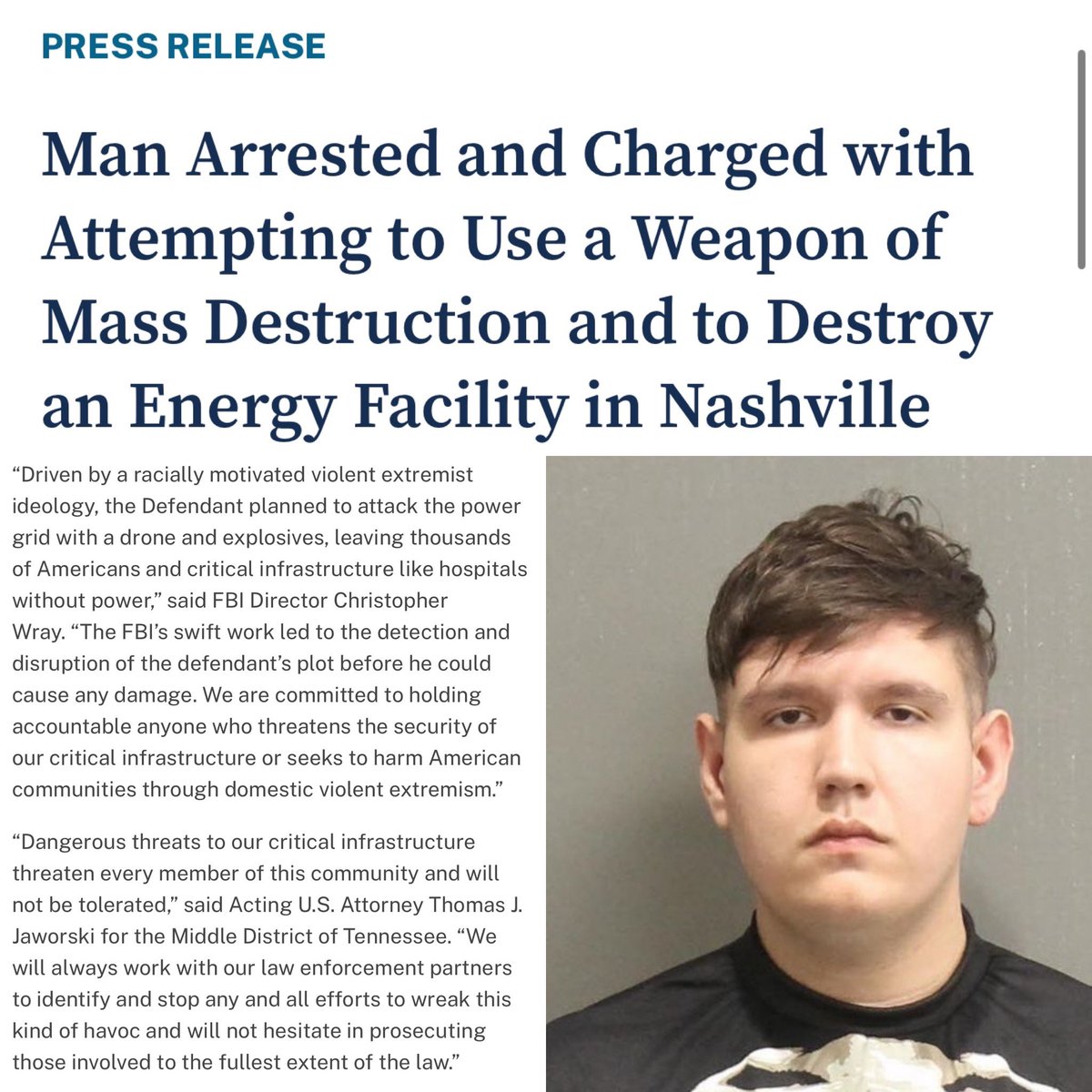 DEPT OF JUSTICE: “Skyler Philippi (24) of Columbia, TN arrested by federal agents for attempting to use a weapon of mass destruction and destroy an energy facility with a drone &amp; explosives— Driven by racially motivated violent extremist ideology.” justice.gov/opa/pr/man-arr…