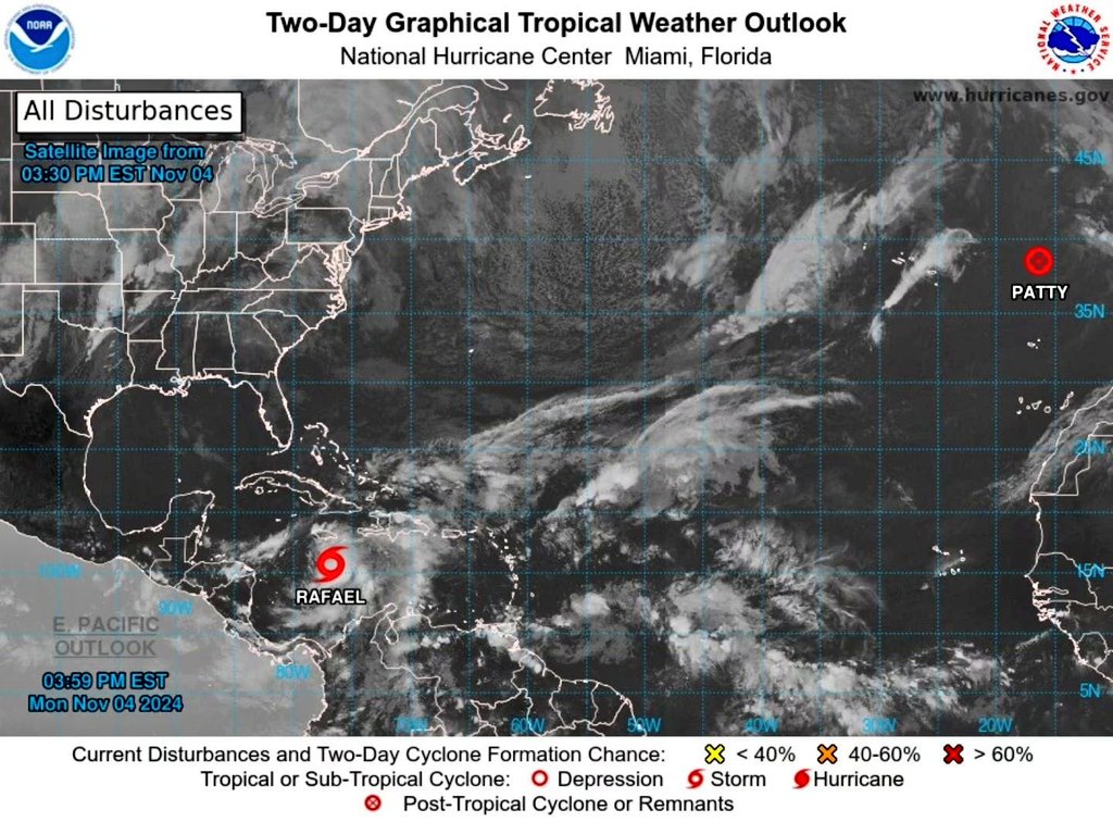El Centro Nacional de Huracanes acaba de informar que la depresión tropical ubicada al Norte de Panamá ya se fortaleció a tormenta tropical Rafael al alcanzar vientos de más de 63 km/h. Hasta el momento en el Atlántico se han formado unas 17 tormentas tropicales. <a href="/imhpapma/">IMHPA</a>