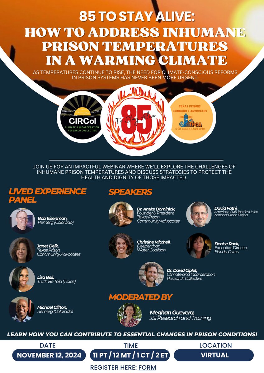 You're invited! Learn about addressing inhumane prison temperatures in a changing climate at a webinar featuring various speakers including HIP's own #HealthInsteadofPunishment program Director @Christine_ScD 🌠
docs.google.com/forms/d/e/1FAI…