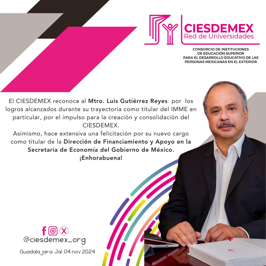 ciesdemex_org's tweet image. 🎊 CIESDEMEX celebra los logros del Mtro. Luis Gutiérrez Reyes en el @IME_SRE y su apoyo vital a nuestra red. Le deseamos el mayor éxito en su nuevo cargo en la Secretaría de Economía. ¡Gracias y enhorabuena! 👏 #CIESDEMEX #IMME #Liderazgo @luisgure