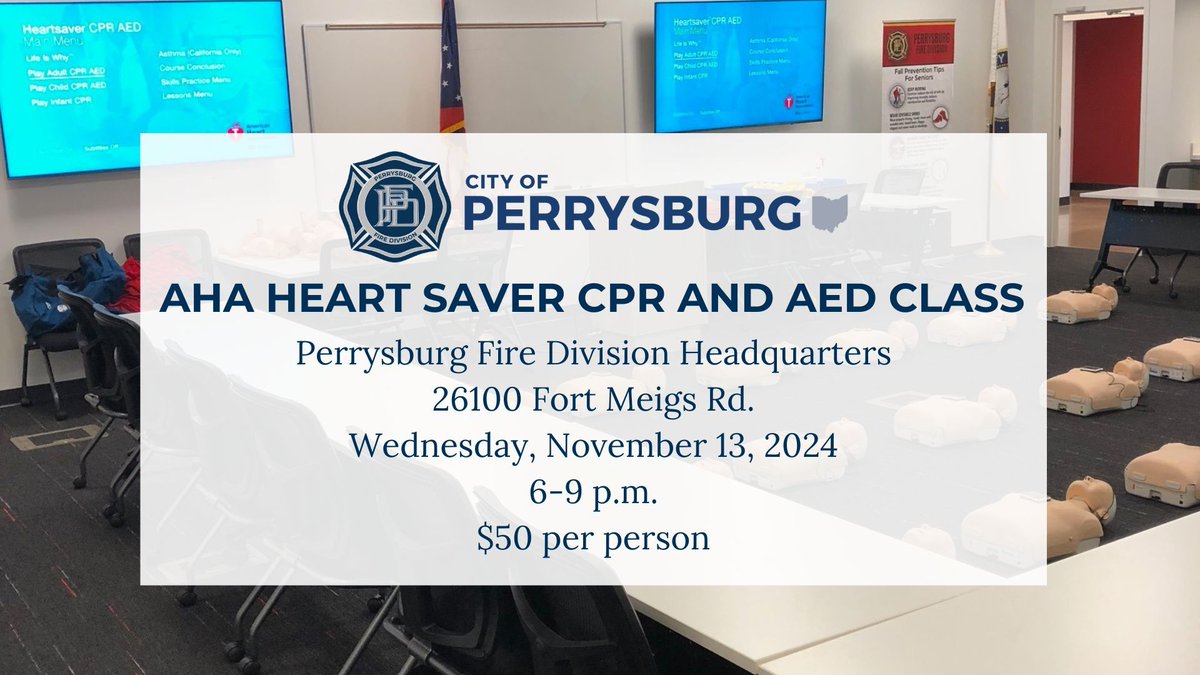 We have a few open spots left for our next AHA Heart Saver CPR and AED class on Wednesday, November 13th. Learn more and register: ci.perrysburg.oh.us/fire/cpr_class…