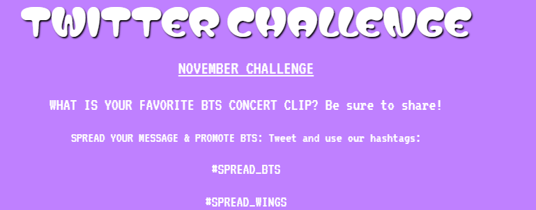 BTS_COMEBACK26's tweet photo. November Challenge is here! Take a moment to share your favorite BTS concert clip! We want to see 👀 all the things.

Be sure to use your #⃣
#SPREAD_BTS 
#SPREAD_WINGS https://t.co/mffAOiwwiQ