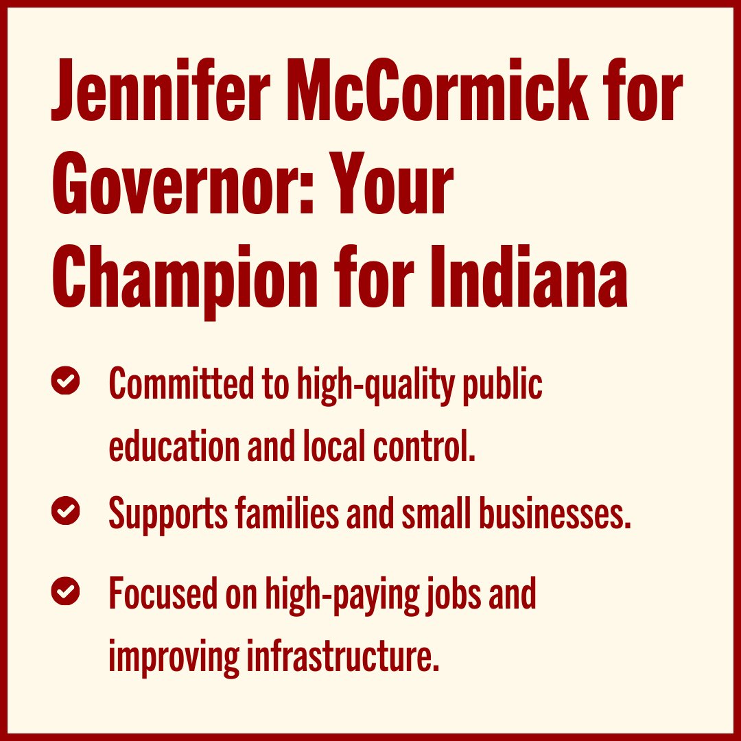 INDems's tweet photo. Tomorrow, we can elect Indiana’s first female governor and the first Democratic governor in 20 years.

@mccormickforgov will fight for your freedoms, for good, high-wage, union jobs, and for a better future for our children. Let’s vote, Indiana! https://t.co/dbut7GO43A