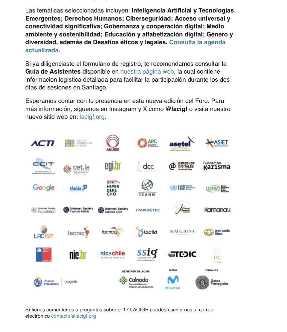 Se acerca el 17 Foro de Gobernanza de Internet de América Latina y el
Caribe en Santiago de Chile
lacigf 17
7 y 8 de noviembre Santiago de Chile
lacigf.org <a href="/isocec/">ISOC Ecuador</a> <a href="/corpece/">CORPECE</a> <a href="/cveraq/">Carlos Vera Quintana</a>