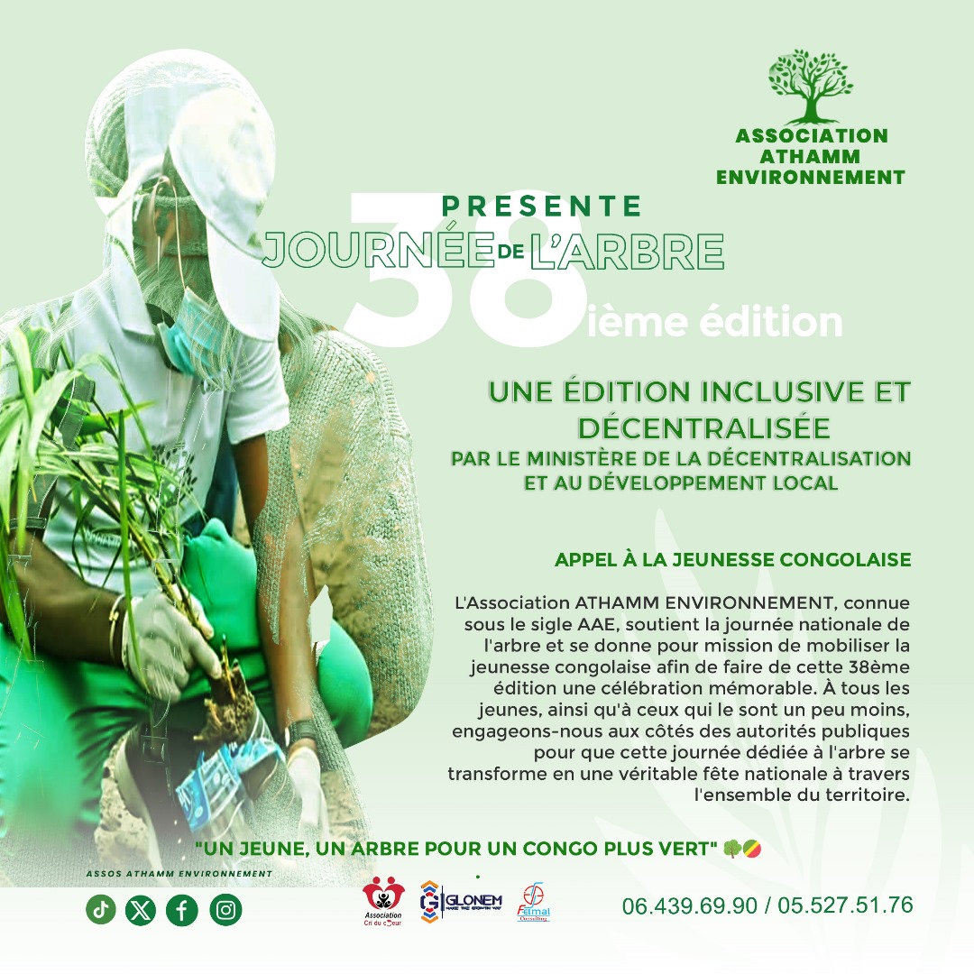 AssocATHAMMEnvi's tweet photo. 𝐌𝐎𝐁𝐈𝐋𝐈𝐒𝐀𝐓𝐈𝐎𝐍 𝐏𝐎𝐔𝐑 𝐋𝐀 38ème édition de la 𝐉𝐎𝐔𝐑𝐍𝐄́𝐄 𝐃𝐄 𝐋’𝐀𝐑𝐁𝐑𝐄 avec @AssocATHAMMEnvi AAE 🌳 
"Un jeune, un arbre pour un Congo plus vert". 🌳🇨🇬 @AssocATHAMMEnvi @adamafooly @ASoudanNonault @EnvDDBC_GouvCg @PR_Congo @PNUDRepduCongo https://t.co/bMwtBHEty9