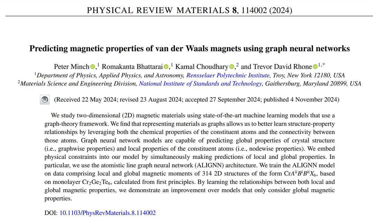 dr_k_choudhary's tweet photo. For 2D magnetic materials, identifying the ground state magnetic order is crucial. This article demonstrates the potential of applying graph neural networks to magnetic materials design. Congratulations to all co-authors!

https://t.co/62vlSyyDxd

#2D #Magnets #ALIGNN https://t.co/BhI1FDTk9J