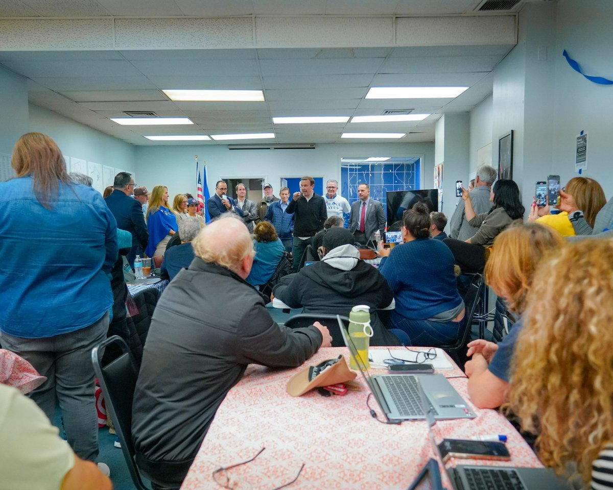 ChrisMurphyCT's tweet photo. This entire room in Danbury - filled wall to wall - is making calls all night for @JahanaHayesCT and the entire ticket. Tons of energy!! https://t.co/HYpDvsgMrN