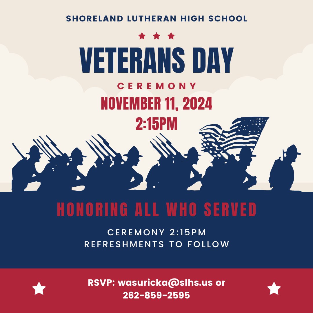Join us to celebrate our Veterans on November 11th at 2:15pm in the Shoreland gym!

This year's ceremony will include a Presentation of Colors by the American Legion Post 552 Color Guard and guest speaker, retired US Navy Master Chief, Jesse Konell.