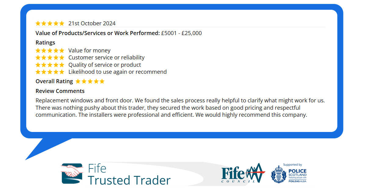 Fife_Windows's tweet image. ⭐️⭐️⭐️⭐️⭐️ Another 5-Star review 👏 We have almost 250 reviews and feedback comments left from our customers on our #FifeTrustedTrader page. To check out our reviews click-&amp;gt; trustedtrader.scot/Fife/Fife-Wind…