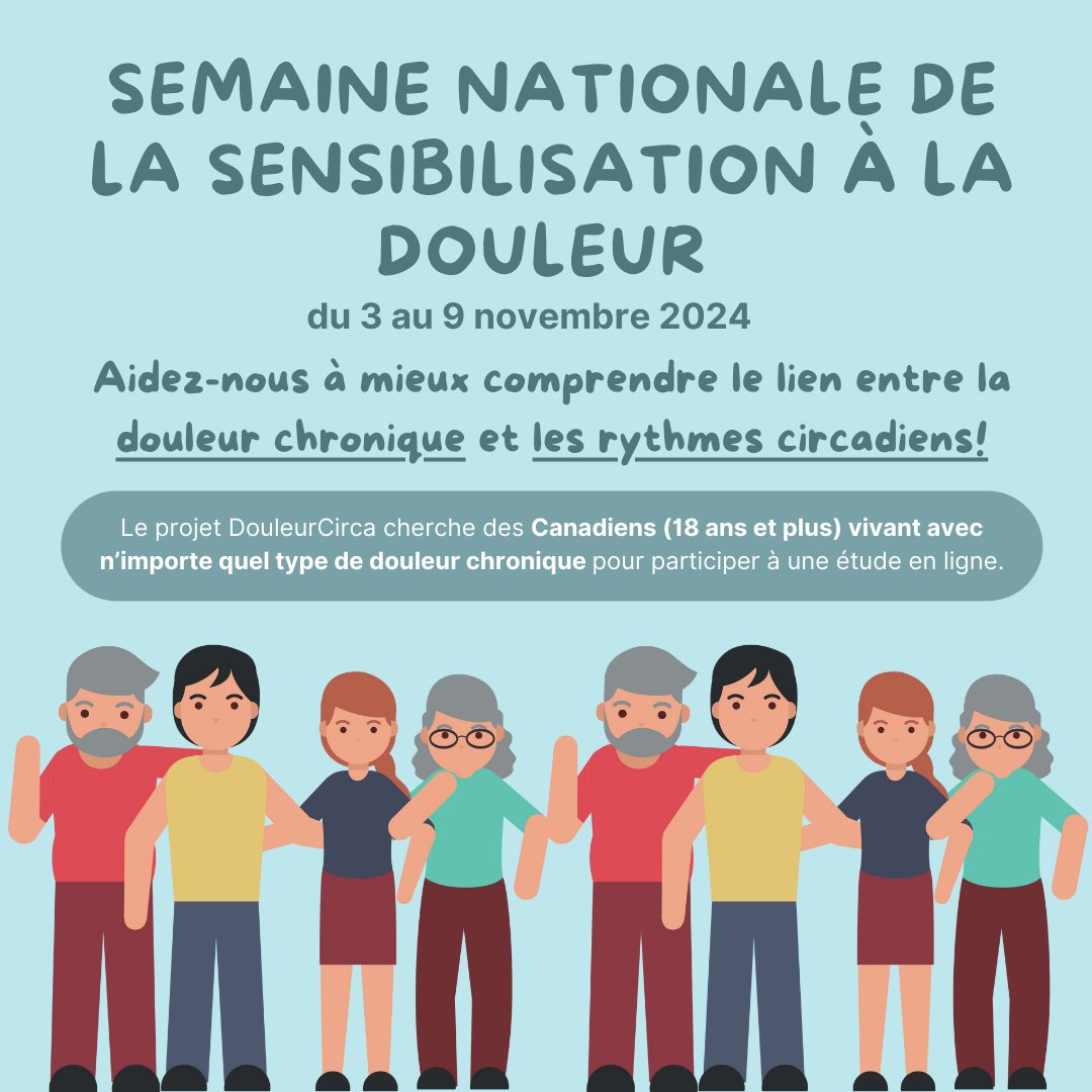 It’s National Pain Awareness Week from November 3rd to November 9th, 2024.  

Learn more about pain and get involved in pain research: Join CircaPain and visit our website to stay informed!

circapain.ca/participate/ #NPAW2024