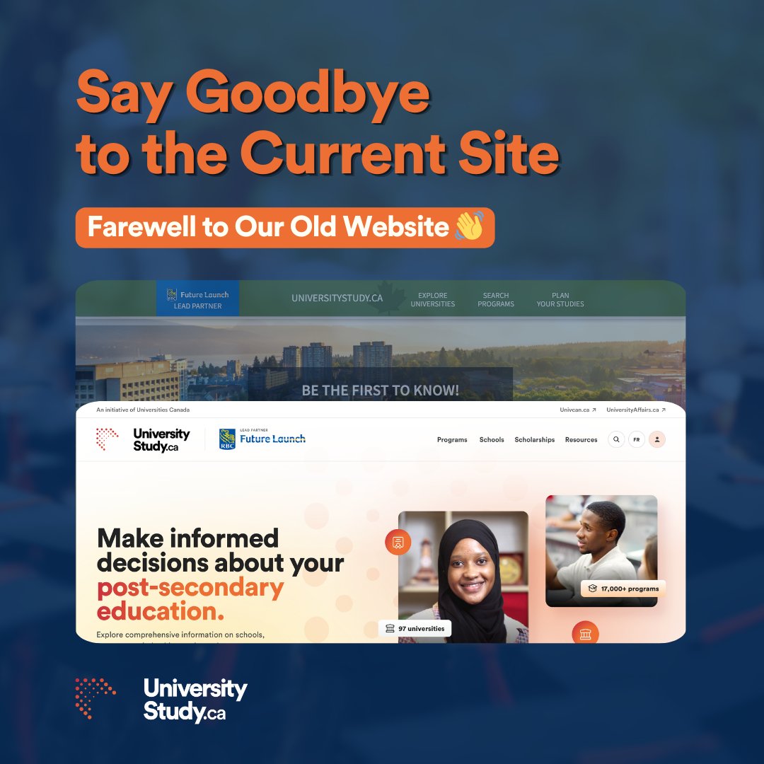 univstudyca's tweet image. It’s almost time to say goodbye to the UniversityStudy.ca you know and love – and hello to something fresh, sleek, and user-friendly! 🧡 Bid farewell to our old look as we get ready for the new one. #UniversityStudy #HelloNew