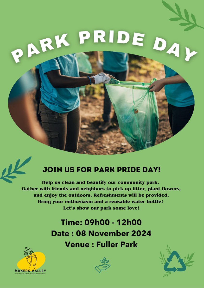 🌳🌞 Park Pride Day is back in Jo'burg! Join us on November 8th from 9 AM to noon to turn our parks into green dreams. Bring your friends, family, and a splash of good vibes – let’s make Jozi sparkle, one leaf at a time! 🌿✨ 

Link below to RSVP! 

forms.gle/4fLh7iGXa9X9sq…